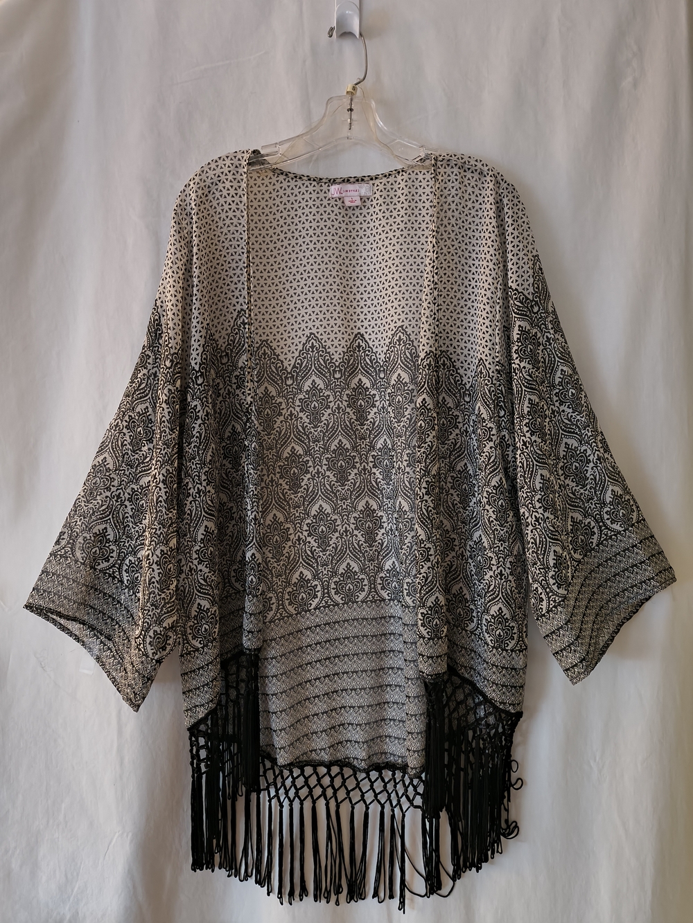 Boho Fringe Open-Front Kimono Shrug - Cream and Black